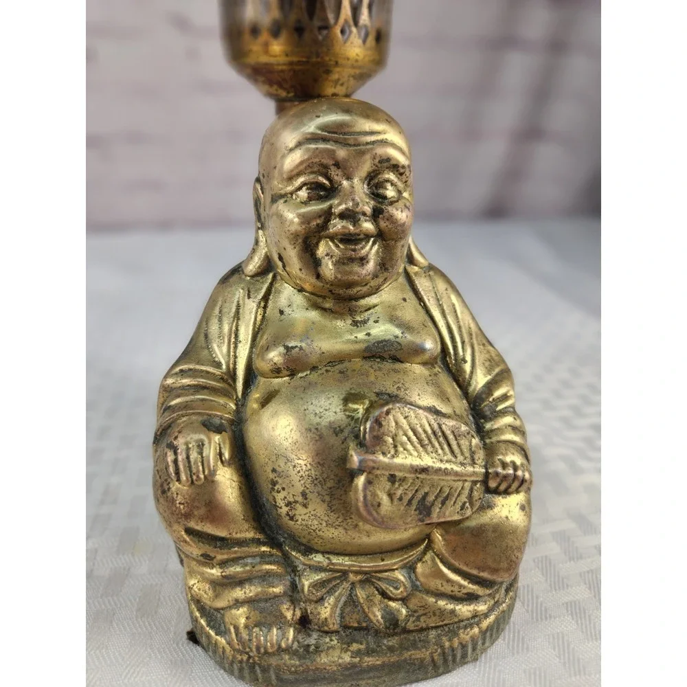 Vtg 50's Brass Smiling Buddha Figure Statue Candle Lamp Worship Luck Prosperity